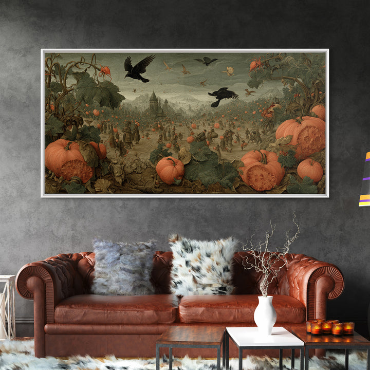 The Pumpkin Patch Maze, Northern Renaissance Horror, Wide Panoramic Art, Macabre Wall Art, Framed Canvas Print, Halloween Wall Art