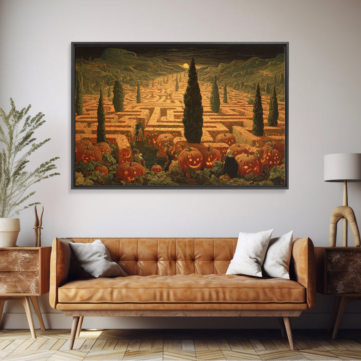 The Pumpkin Patch Maze, Symbolist Gothic Landscape, Landscape Wall Art, Dark Halloween Decor, Framed Canvas Print, Halloween Wall Art