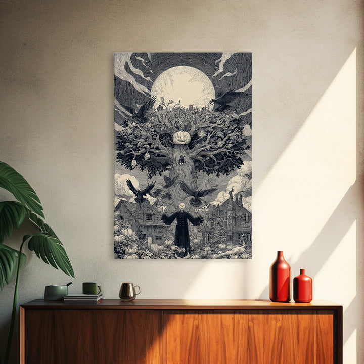 The Pumpkin Patch Maze, Victorian Macabre Art, Vertical Wall Art, Dark Halloween Decor, Framed Canvas Print, Halloween Wall Art