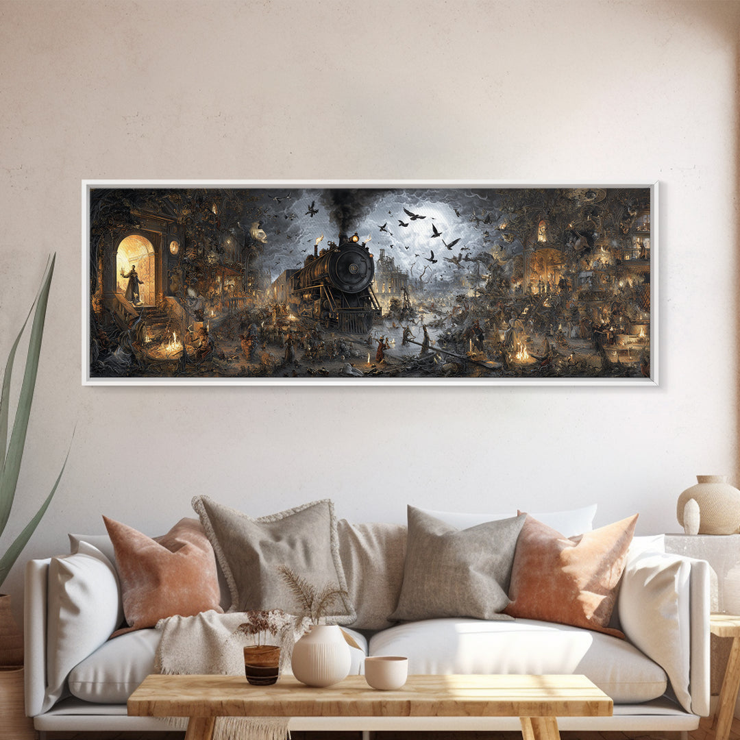 The Abandoned Train Station, Medieval Grotesque Art, Extra Wide Wall Art, Dark Halloween Decor, Canvas Print, Halloween Wall Art