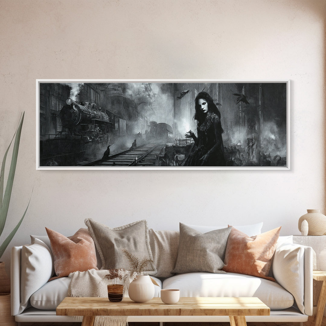 The Abandoned Train Station, Renaissance Engraving Art, Extra Wide Wall Art, Dark Halloween Decor, Canvas Print, Halloween Wall Art