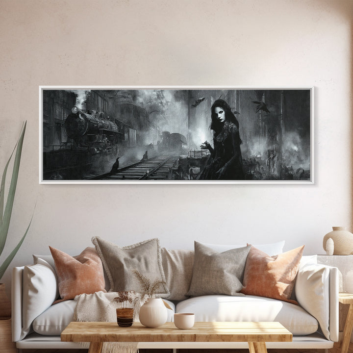 The Abandoned Train Station, Renaissance Engraving Art, Extra Wide Wall Art, Dark Halloween Decor, Canvas Print, Halloween Wall Art