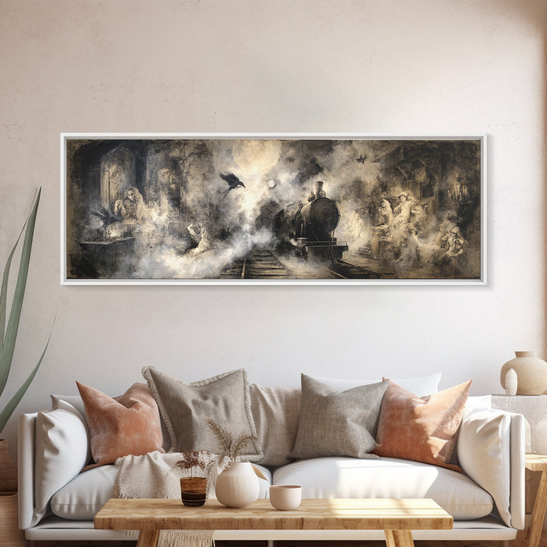 The Abandoned Train Station, Dark Romantic Horror Art, Extra Wide Wall Art, Macabre Wall Art, Canvas Print, Halloween Wall Art