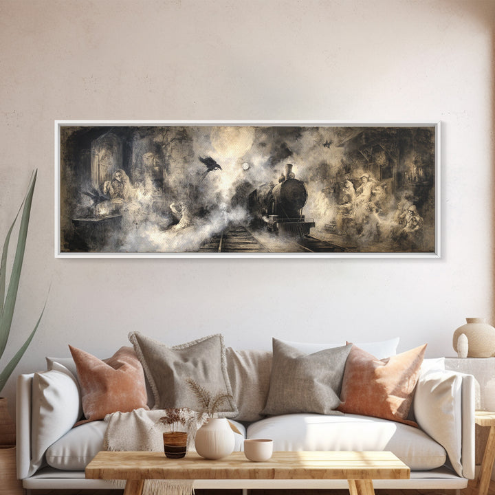 The Abandoned Train Station, Dark Romantic Horror Art, Extra Wide Wall Art, Macabre Wall Art, Canvas Print, Halloween Wall Art
