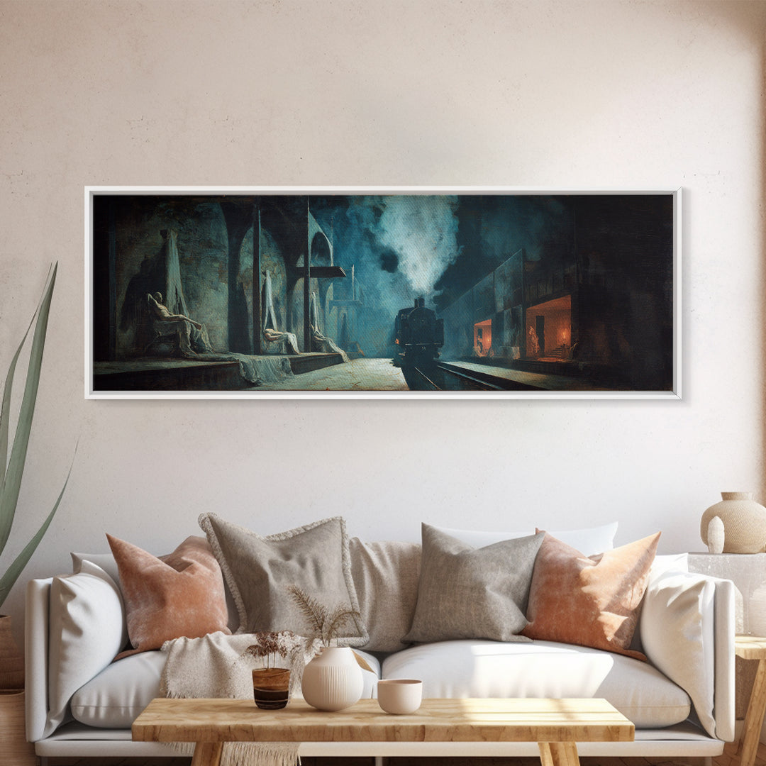 The Abandoned Train Station, Gothic Nightmare Art, Extra Wide Wall Art, Dark Halloween Decor, Canvas Print, Halloween Wall Art