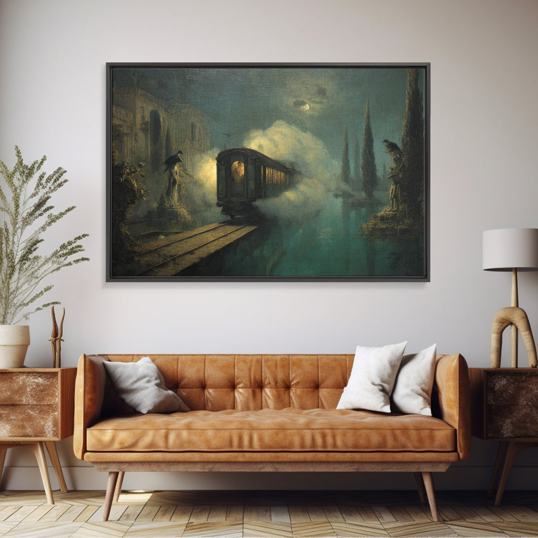 The Abandoned Train Station, Symbolist Gothic Landscape, Landscape Wall Art, Dark Halloween Decor, Framed Canvas Print, Halloween Wall Art