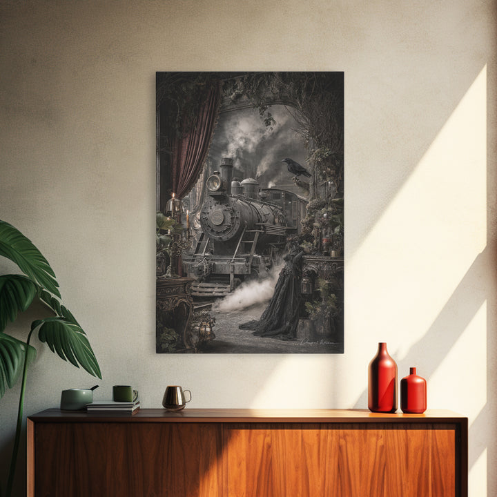 The Abandoned Train Station, Ornate Symbolist Art, Vertical Wall Art, Macabre Wall Art, Canvas Print, Halloween Wall Art