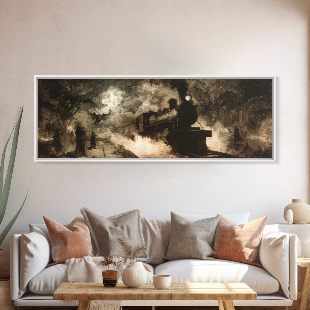 The Abandoned Train Station, Dark Symbolist Art, Extra Wide Wall Art, Macabre Wall Art, Framed Canvas Print, Halloween Wall Art
