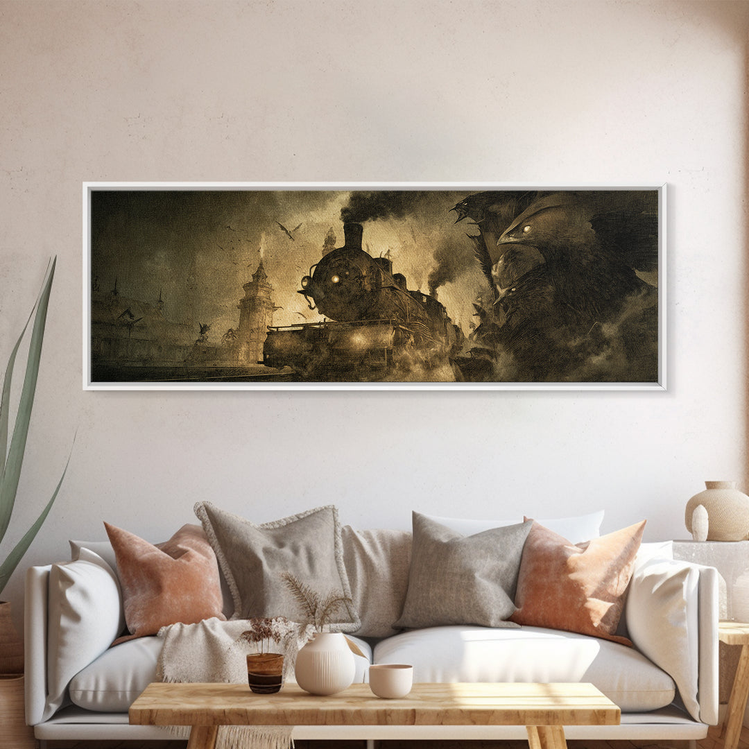 The Abandoned Train Station, Expressionist Nightmare Art, Extra Wide Wall Art, Gothic Horror Wall Art, Framed Canvas Print
