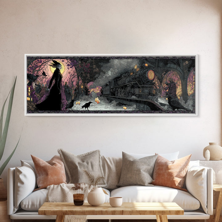 The Abandoned Train Station, Stained Glass Gothic Art, Extra Wide Wall Art, Dark Fantasy Wall Art, Canvas Print, Halloween Wall Art