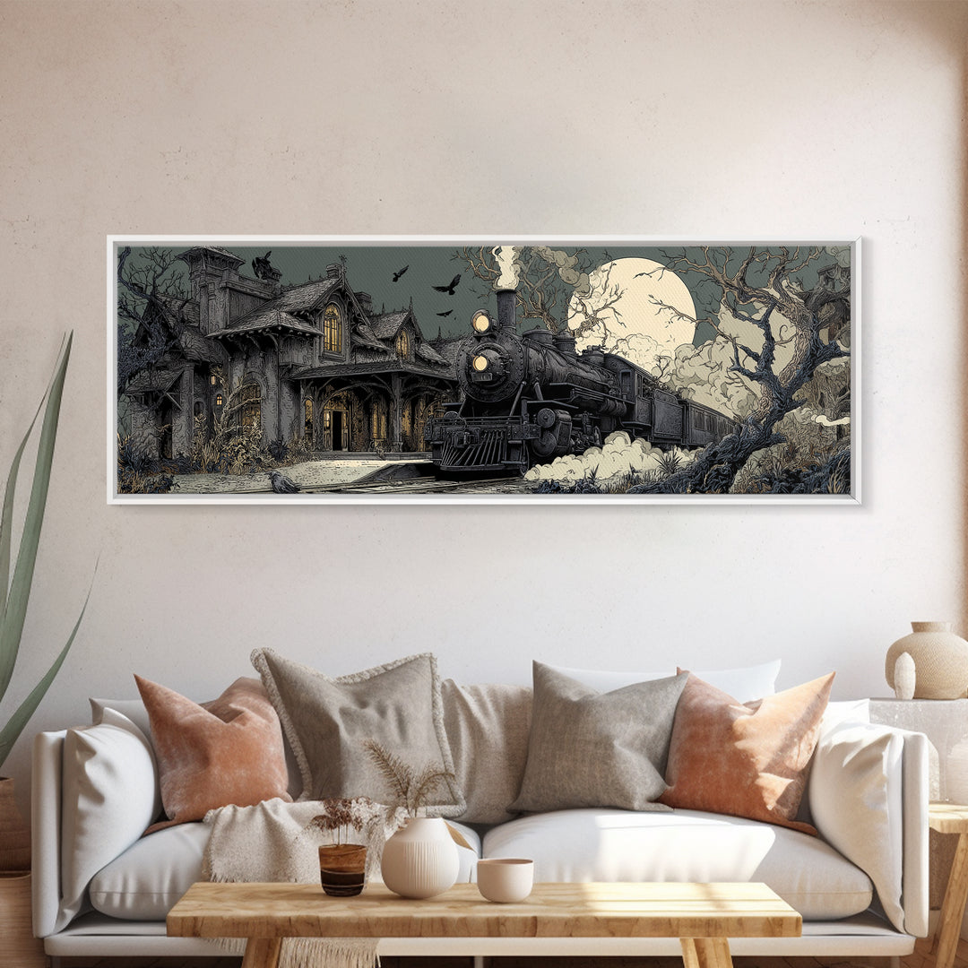 The Abandoned Train Station, Victorian Macabre Art, Extra Wide Wall Art, Dark Halloween Decor, Framed Canvas Print, Halloween Wall Art