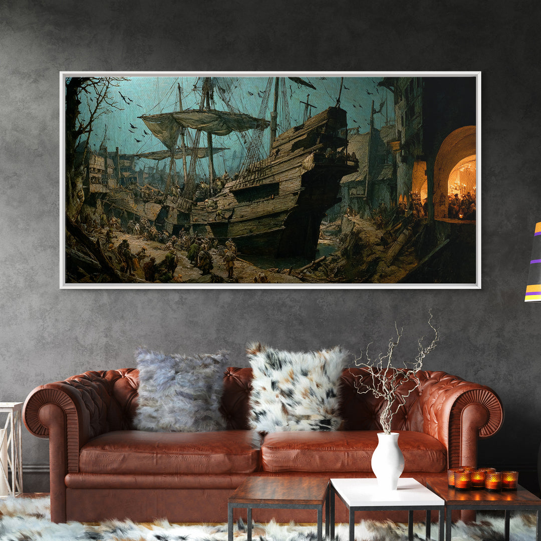 The Shipwreck Cove, Northern Renaissance Horror, Wide Panoramic Art, Dark Halloween Decor, Canvas Print, Halloween Wall Art