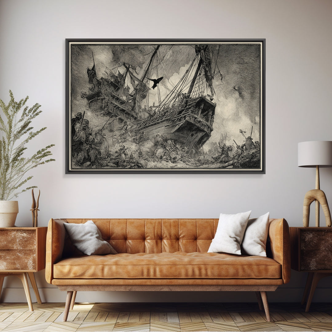 The Shipwreck Cove, Renaissance Engraving Art, Landscape Wall Art, Dark Halloween Decor, Canvas Print, Halloween Wall Art