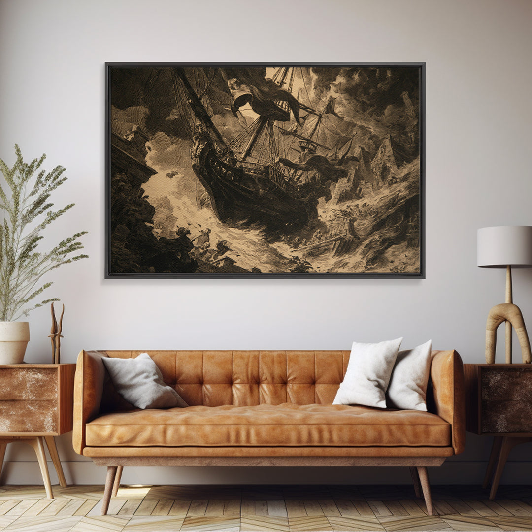 The Shipwreck Cove, Architectural Etching Art, Landscape Wall Art, Dark Halloween Decor, Framed Canvas Print, Macabre Wall Art