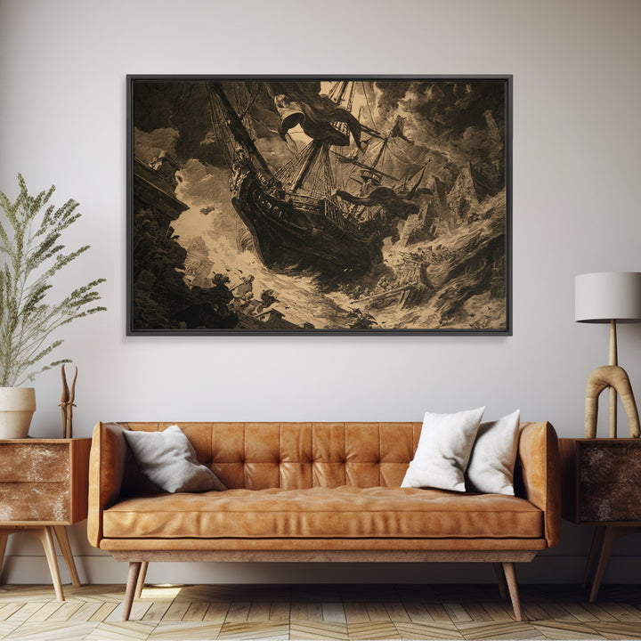 The Shipwreck Cove, Architectural Etching Art, Landscape Wall Art, Dark Halloween Decor, Framed Canvas Print, Macabre Wall Art