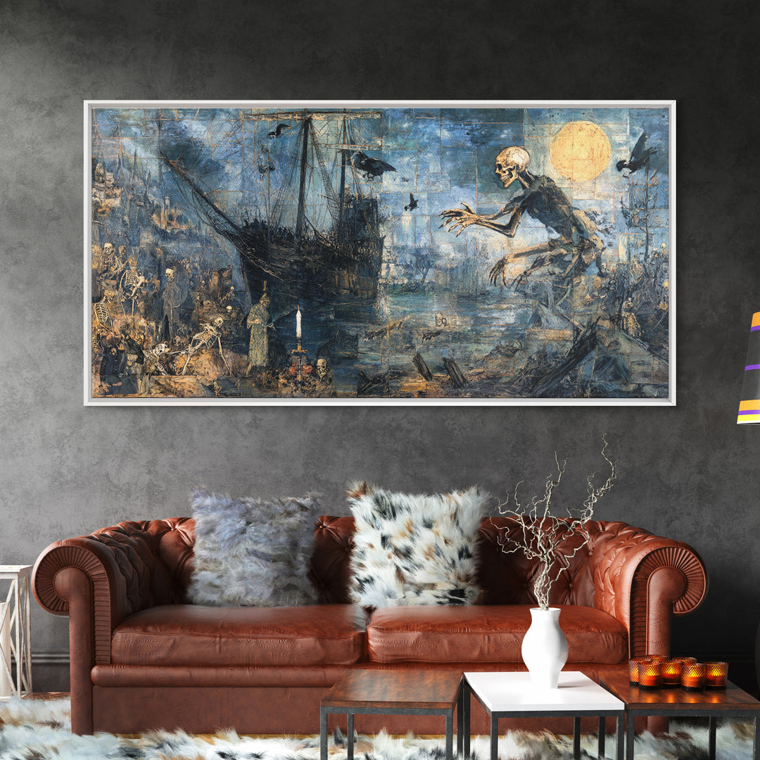 The Shipwreck Cove, Grotesque Carnival Art, Wide Panoramic Art, Dark Fantasy Wall Art, Framed Canvas Print, Halloween Wall Art