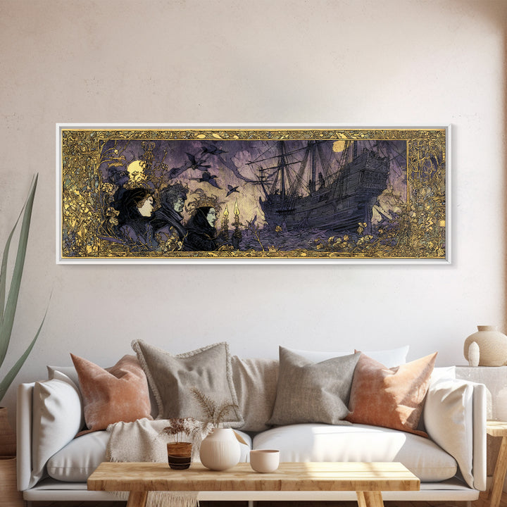The Shipwreck Cove, Stained Glass Gothic Art, Extra Wide Wall Art, Dark Halloween Decor, Canvas Print, Halloween Wall Art