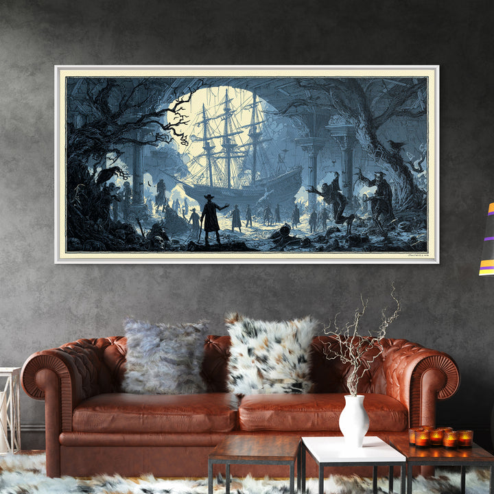 The Shipwreck Cove, Macabre Folk Print Art, Wide Panoramic Art, Macabre Wall Art, Framed Canvas Print, Halloween Wall Art