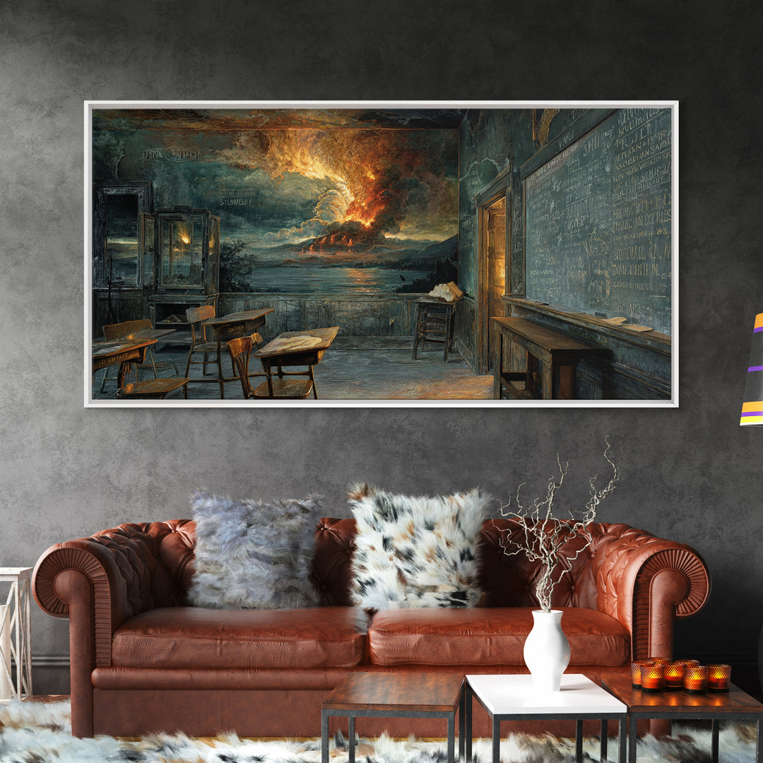 The Silent Schoolhouse, Apocalyptic Romantic Art, Wide Panoramic Art, Dark Halloween Decor, Framed Canvas Print, Halloween Wall Art