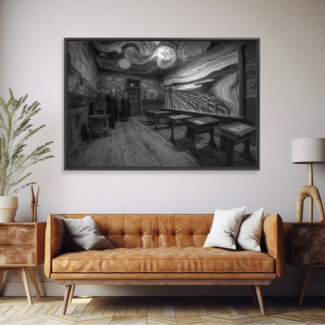The Silent Schoolhouse, Expressionist Gothic Art, Landscape Wall Art, Dark Halloween Decor, Framed Canvas Print, Halloween Wall Art