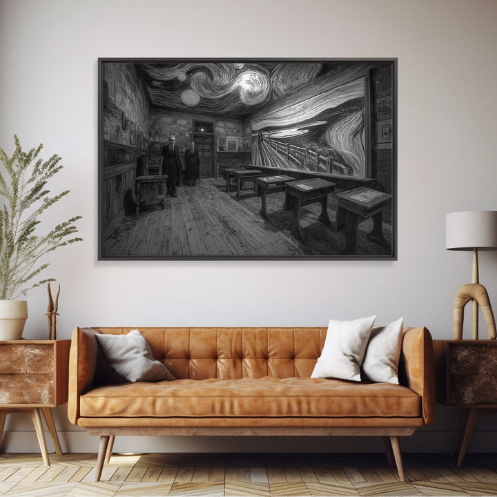 The Silent Schoolhouse, Expressionist Gothic Art, Landscape Wall Art, Dark Halloween Decor, Framed Canvas Print, Halloween Wall Art