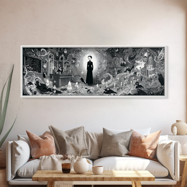 The Silent Schoolhouse, Decadent Line Art, Extra Wide Wall Art, Macabre Wall Art, Canvas Print, Halloween Wall Art