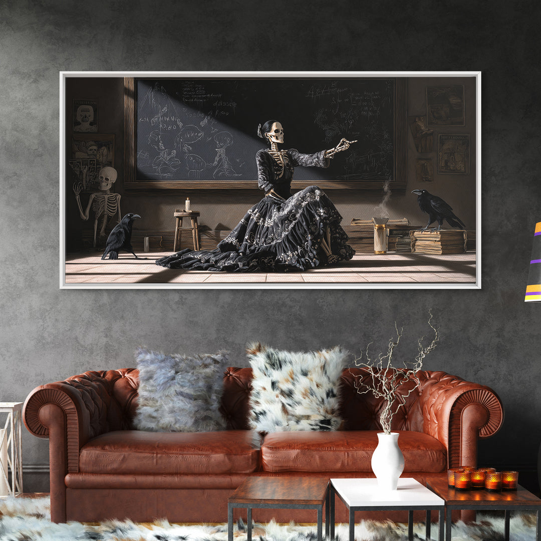 The Silent Schoolhouse, Macabre Folk Print Art, Wide Panoramic Art, Dark Halloween Decor, Framed Canvas Print, Macabre Wall Art