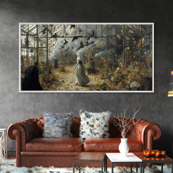 The Cemetery Greenhouse, Northern Renaissance Horror, Wide Panoramic Art, Dark Halloween Decor, Framed Canvas Print