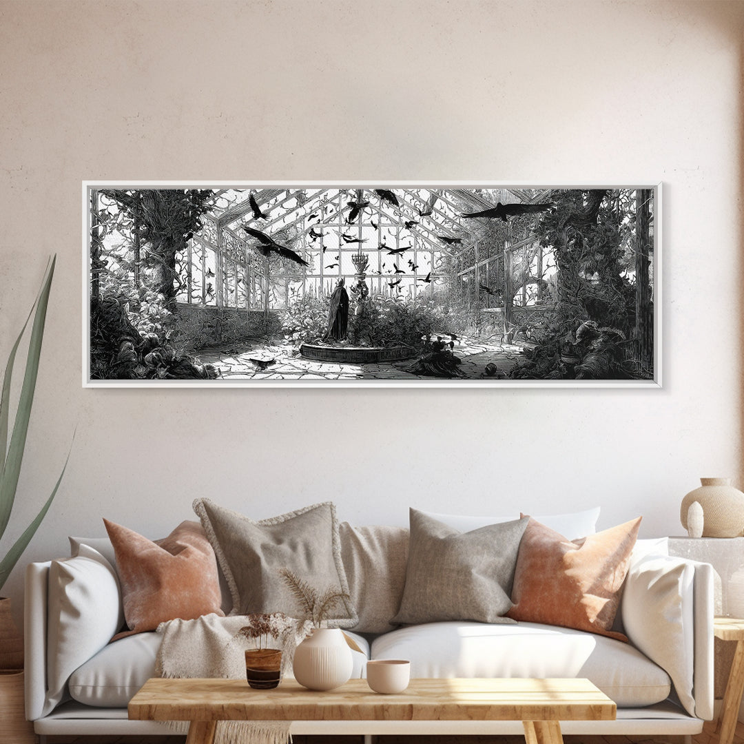 The Cemetery Greenhouse, Renaissance Engraving Art, Extra Wide Wall Art, Dark Fantasy Wall Art, Canvas Print, Halloween Wall Art
