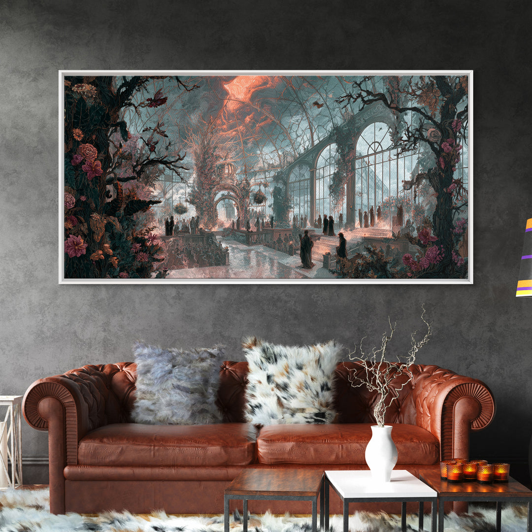 The Cemetery Greenhouse, Apocalyptic Romantic Art, Wide Panoramic Art, Macabre Wall Art, Canvas Print, Halloween Wall Art