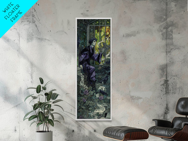 The Cemetery Greenhouse, Stained Glass Gothic Art, Tall Narrow Wall Art, Dark Halloween Decor, Framed Canvas Print, Halloween Wall Art