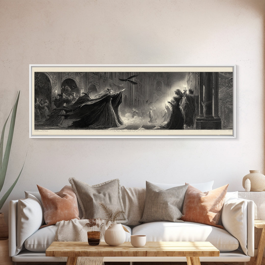 The Midnight Masquerade, Gothic Engraving Art, Extra Wide Wall Art, Dark Fantasy Wall Art, Canvas Print, Halloween Wall Art