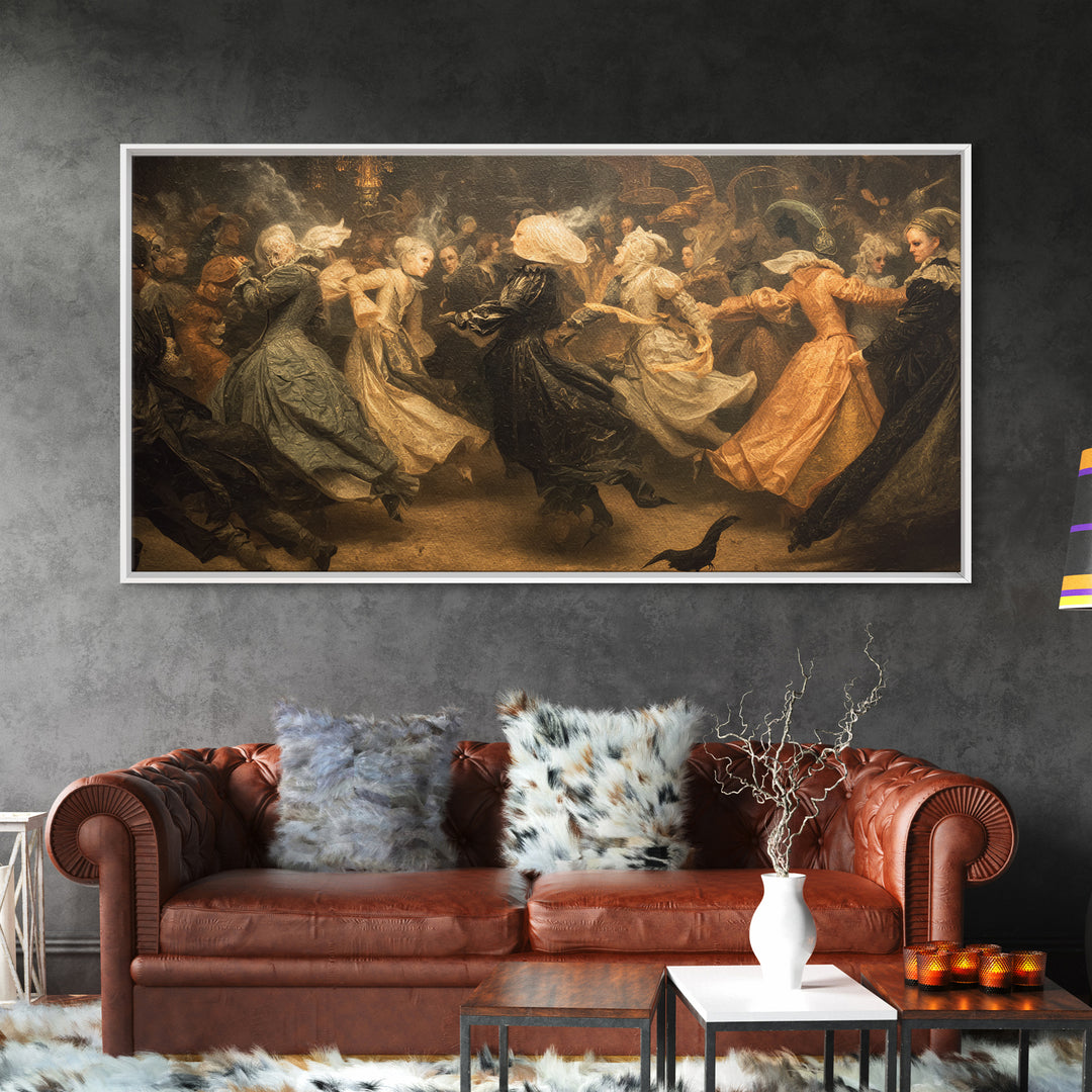 The Midnight Masquerade, Medieval Grotesque Art, Wide Panoramic Art, Gothic Horror Wall Art, Framed Canvas Print, Halloween Wall Art