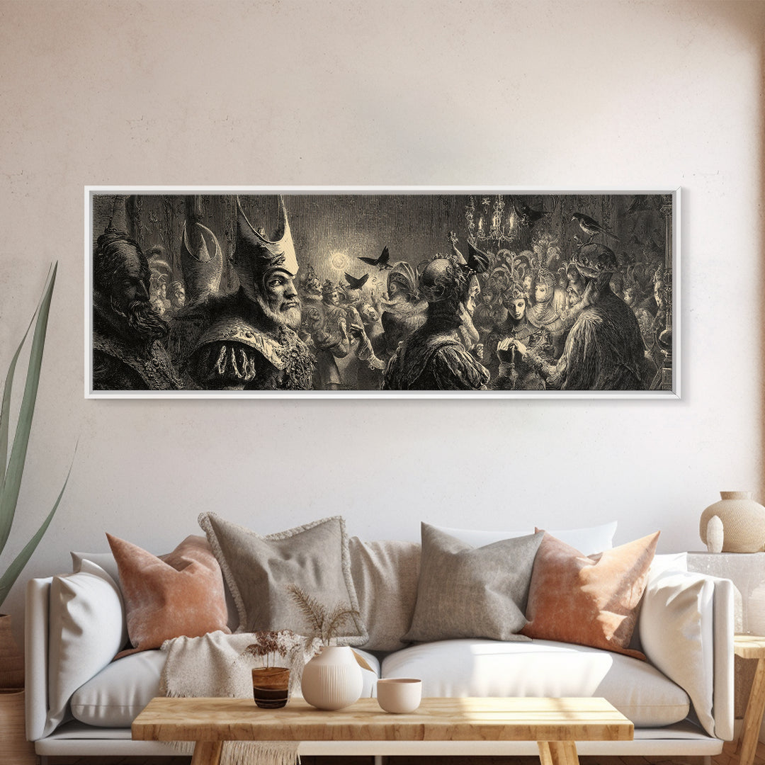 The Midnight Masquerade, Renaissance Engraving Art, Extra Wide Wall Art, Dark Fantasy Wall Art, Framed Canvas Print, Halloween Wall Art