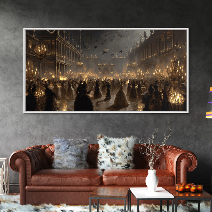The Midnight Masquerade, Architectural Etching Art, Wide Panoramic Art, Macabre Wall Art, Canvas Print, Halloween Wall Art
