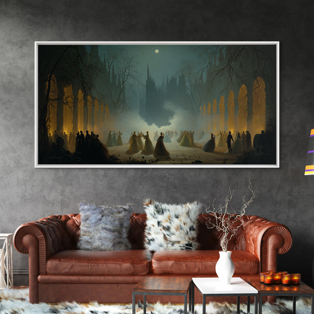 The Midnight Masquerade, Romantic Gothic Landscape, Wide Panoramic Art, Dark Fantasy Wall Art, Canvas Print, Halloween Wall Art
