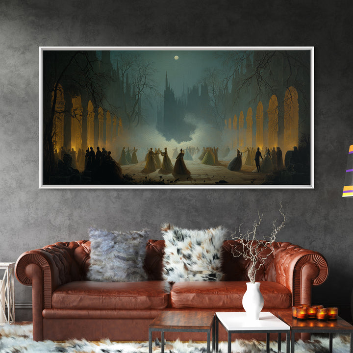 The Midnight Masquerade, Romantic Gothic Landscape, Wide Panoramic Art, Dark Fantasy Wall Art, Canvas Print, Halloween Wall Art
