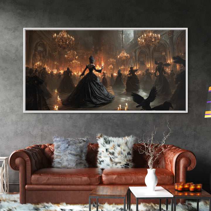 The Midnight Masquerade, Apocalyptic Romantic Art, Wide Panoramic Art, Gothic Horror Wall Art, Framed Canvas Print, Halloween Wall Art