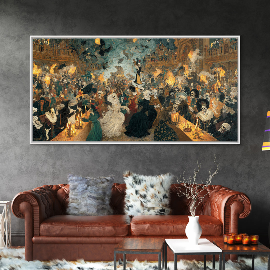 The Midnight Masquerade, Grotesque Carnival Art, Wide Panoramic Art, Dark Fantasy Wall Art, Framed Canvas Print, Halloween Wall Art