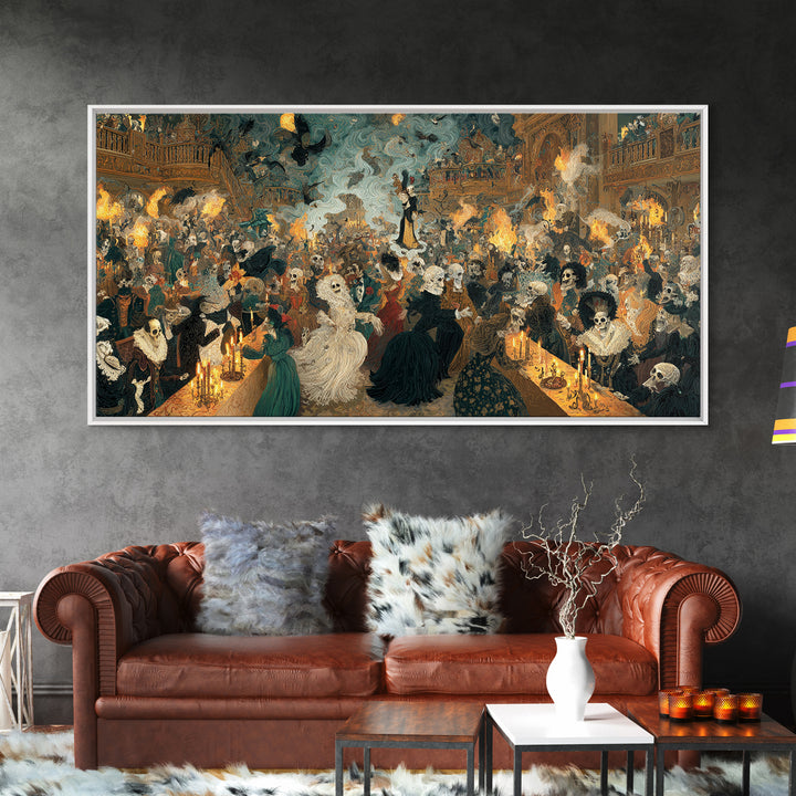 The Midnight Masquerade, Grotesque Carnival Art, Wide Panoramic Art, Dark Fantasy Wall Art, Framed Canvas Print, Halloween Wall Art