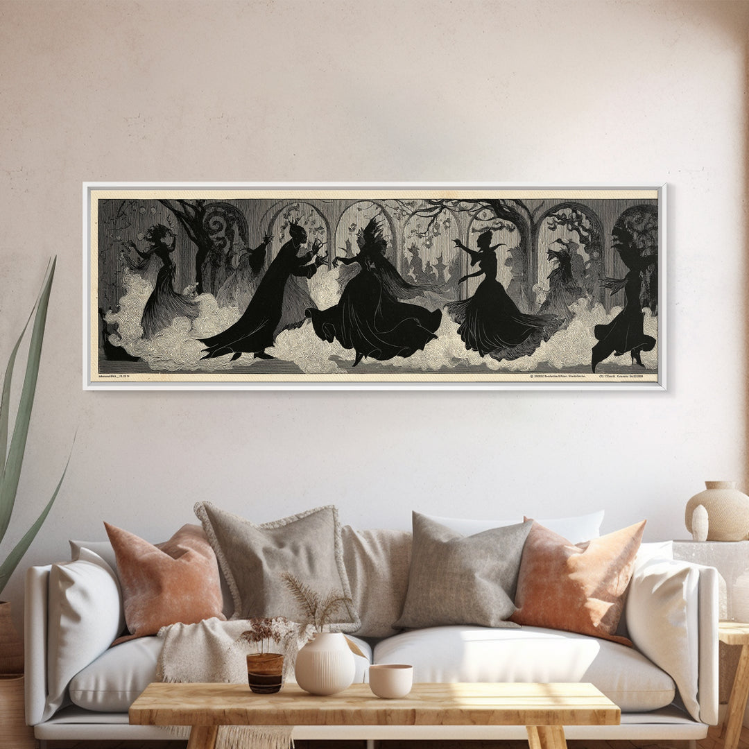 The Midnight Masquerade, Decadent Line Art, Extra Wide Wall Art, Macabre Wall Art, Framed Canvas Print, Halloween Wall Art