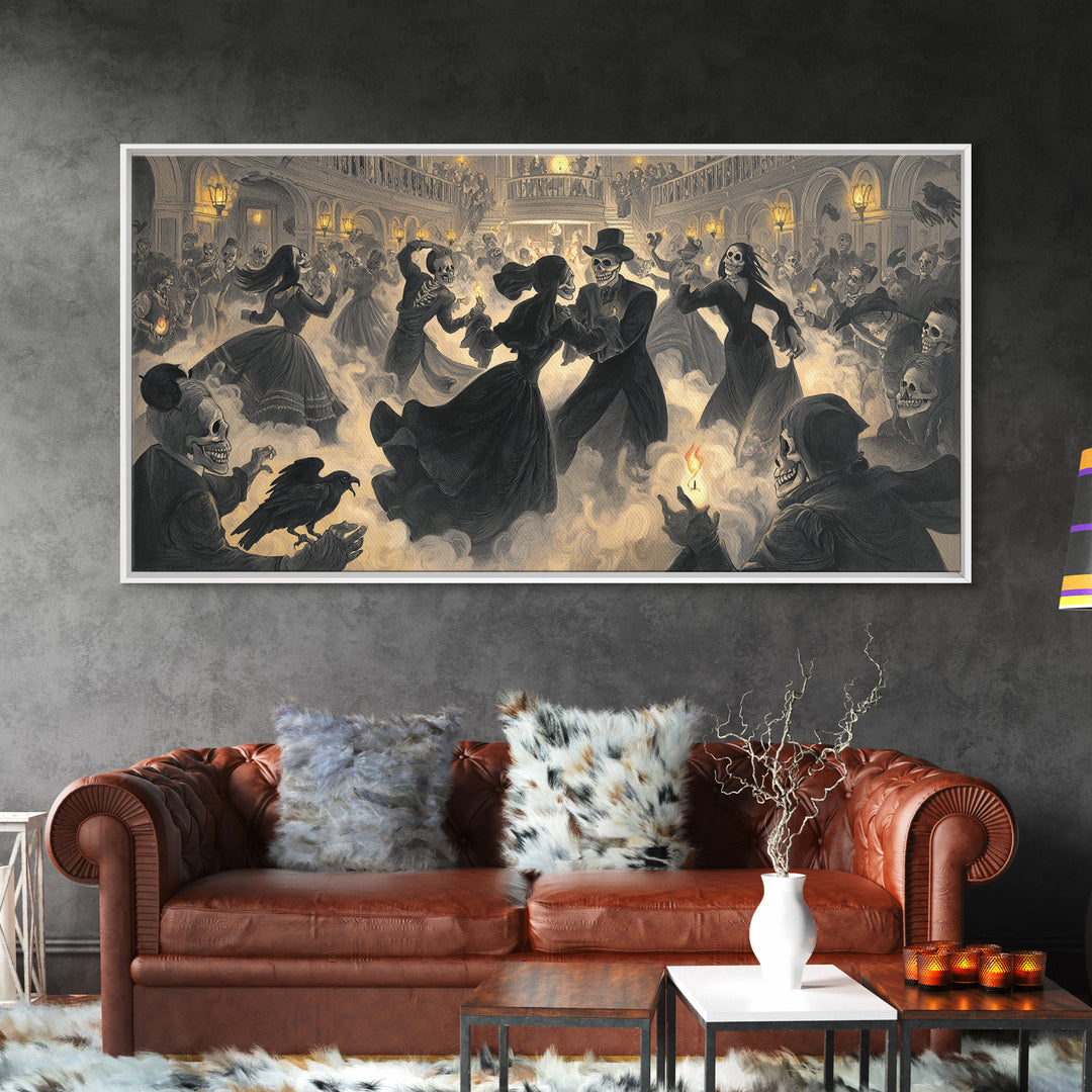 The Midnight Masquerade, Macabre Folk Print Art, Wide Panoramic Art, Gothic Horror Wall Art, Framed Canvas Print