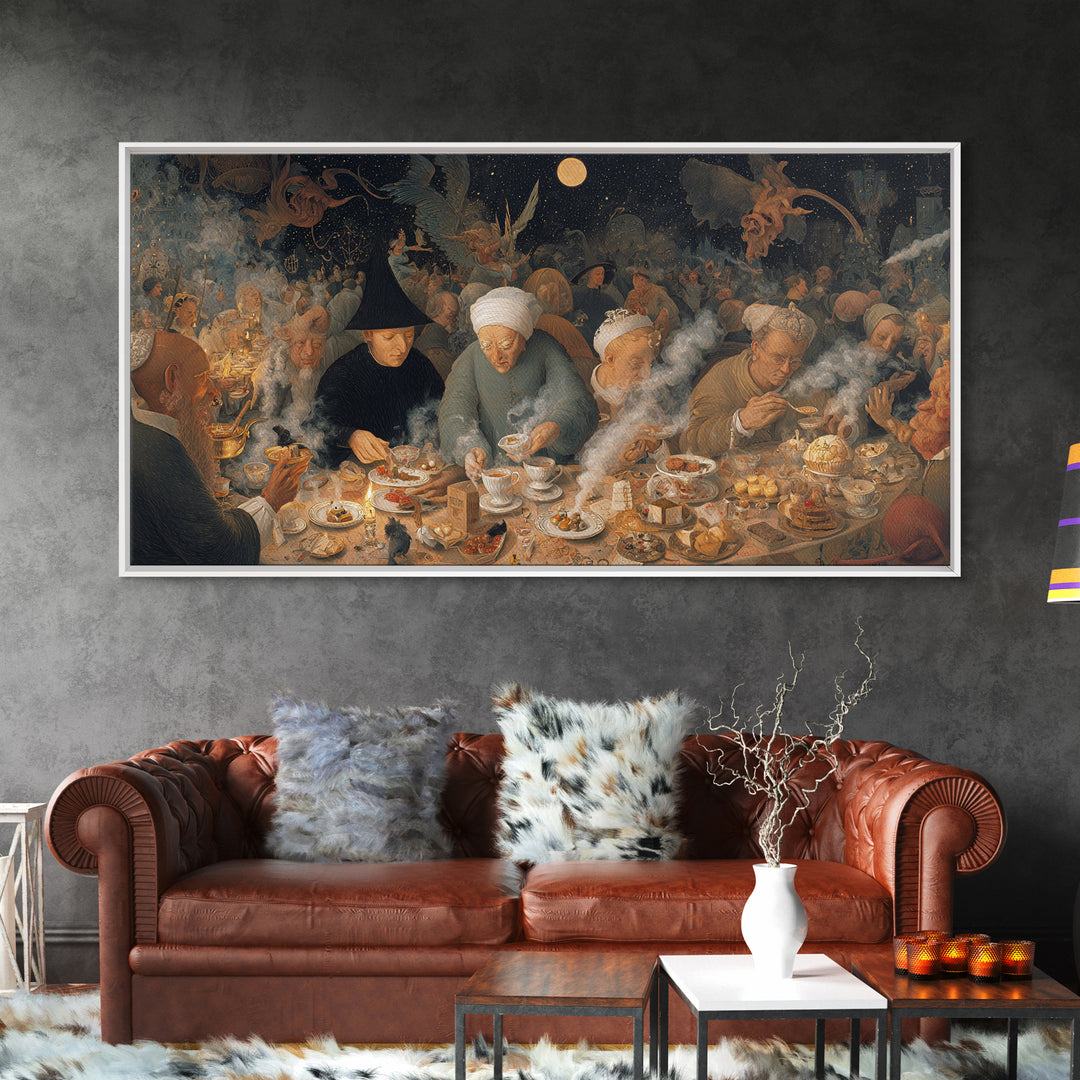 The Witches' Tea Party, Medieval Grotesque Art, Wide Panoramic Art, Macabre Wall Art, Canvas Print, Halloween Wall Art