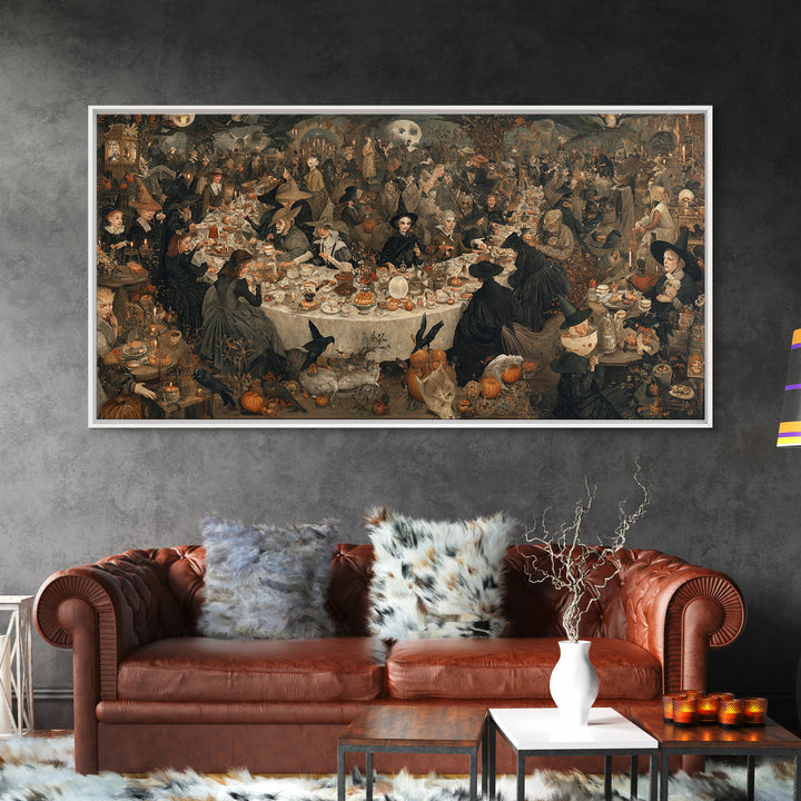 The Witches' Tea Party, Northern Renaissance Horror, Wide Panoramic Art, Gothic Horror Wall Art, Framed Canvas Print
