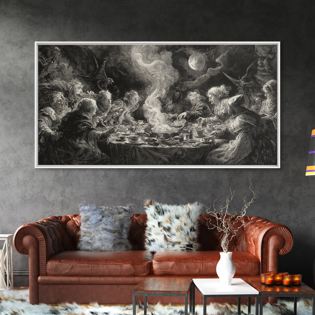 The Witches' Tea Party, Baroque Witchcraft Art, Wide Panoramic Art, Dark Halloween Decor, Canvas Print, Halloween Wall Art