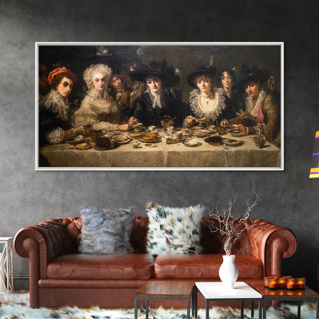 The Witches' Tea Party, Dark Romantic Horror Art, Wide Panoramic Art, Dark Fantasy Wall Art, Framed Canvas Print, Halloween Wall Art