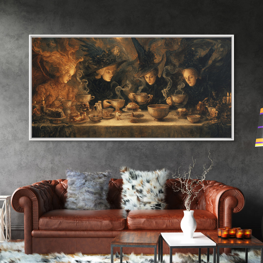 The Witches' Tea Party, Visionary Gothic Art, Wide Panoramic Art, Macabre Wall Art, Framed Canvas Print, Halloween Wall Art