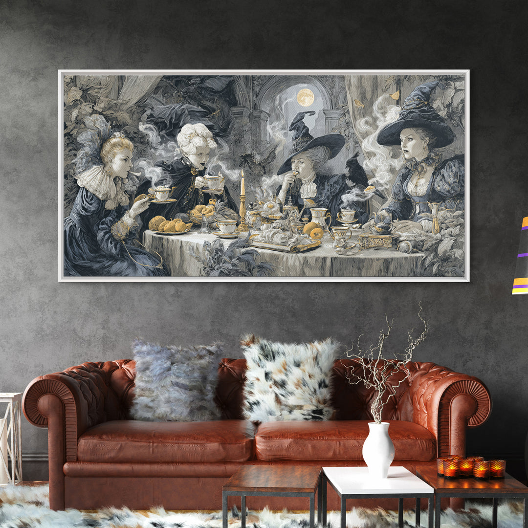 The Witches' Tea Party, Architectural Etching Art, Wide Panoramic Art, Dark Halloween Decor, Canvas Print, Halloween Wall Art