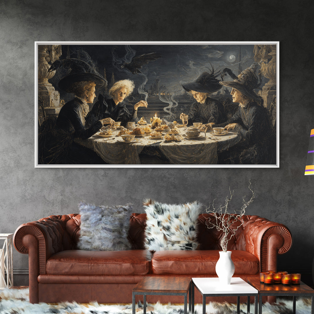 The Witches' Tea Party, Romantic Gothic Landscape, Wide Panoramic Art, Dark Fantasy Wall Art, Framed Canvas Print
