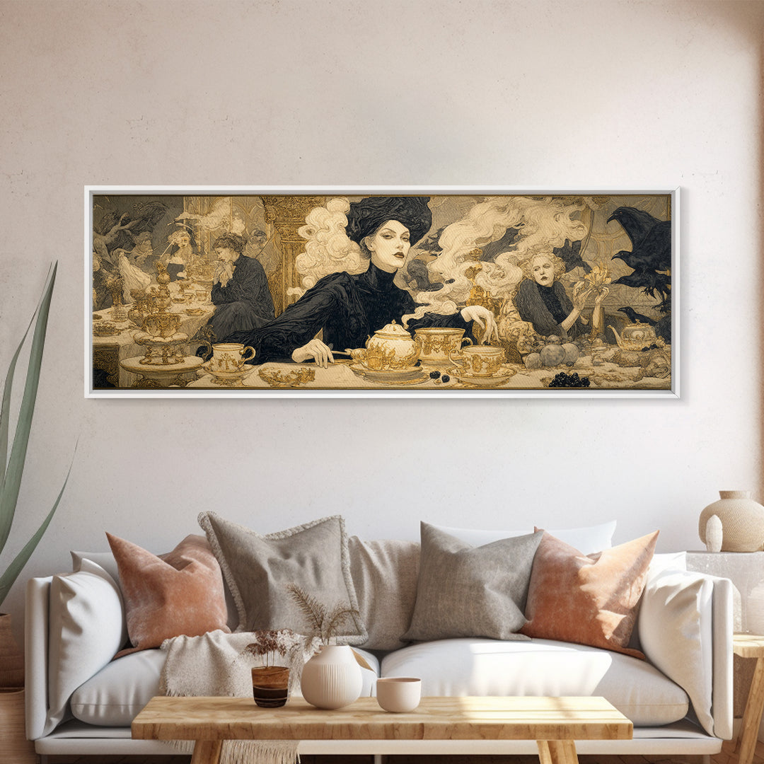 The Witches' Tea Party, Symbolist Death Art, Extra Wide Wall Art, Dark Halloween Decor, Canvas Print, Halloween Wall Art
